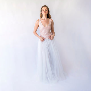 Bridal set, Pearly Tulle skirt, and Blush Pink Sequins sleeveless tank top with V-neckline #1444 Blush