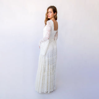 Bestseller New Collection Square Neckline Belle sleeves with Gipsy layered Boho Skirt, Maxi lace wedding dress #1425 Blushfashion