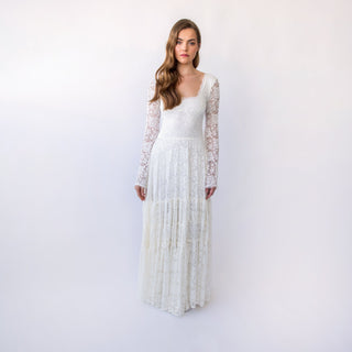Bestseller New Collection Square Neckline Belle sleeves with Gipsy layered Boho Skirt, Maxi lace wedding dress #1425 Blushfashion