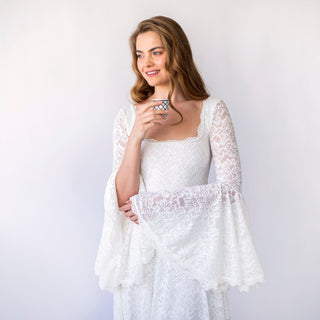 Bohemian Ivory Chic Square Neck & Ethereal Bell Sleeves: Lace Bridal Gown  #1460 Blushfashion