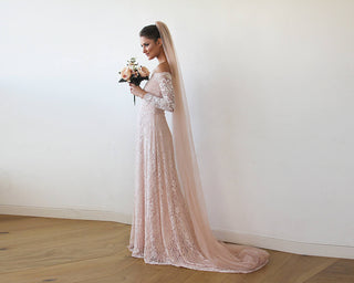 Curvy Baby Pink Off-The-Shoulder Dress With Train, Pastel wedding dress #1148 Blushfashion