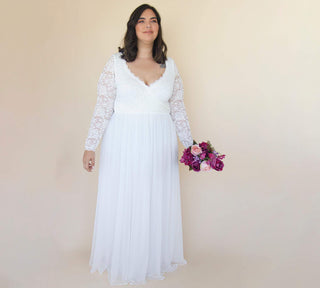 Curvy  Ivory Roses Lace Wedding Dress with Maxi Chiffon Skirt #1317 Blushfashion