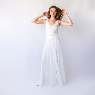 Bridal set, Chiffon skirt with a slit and Sequins sleeveless tank top with V-neckline #1445 Custom Order Blushfashion
