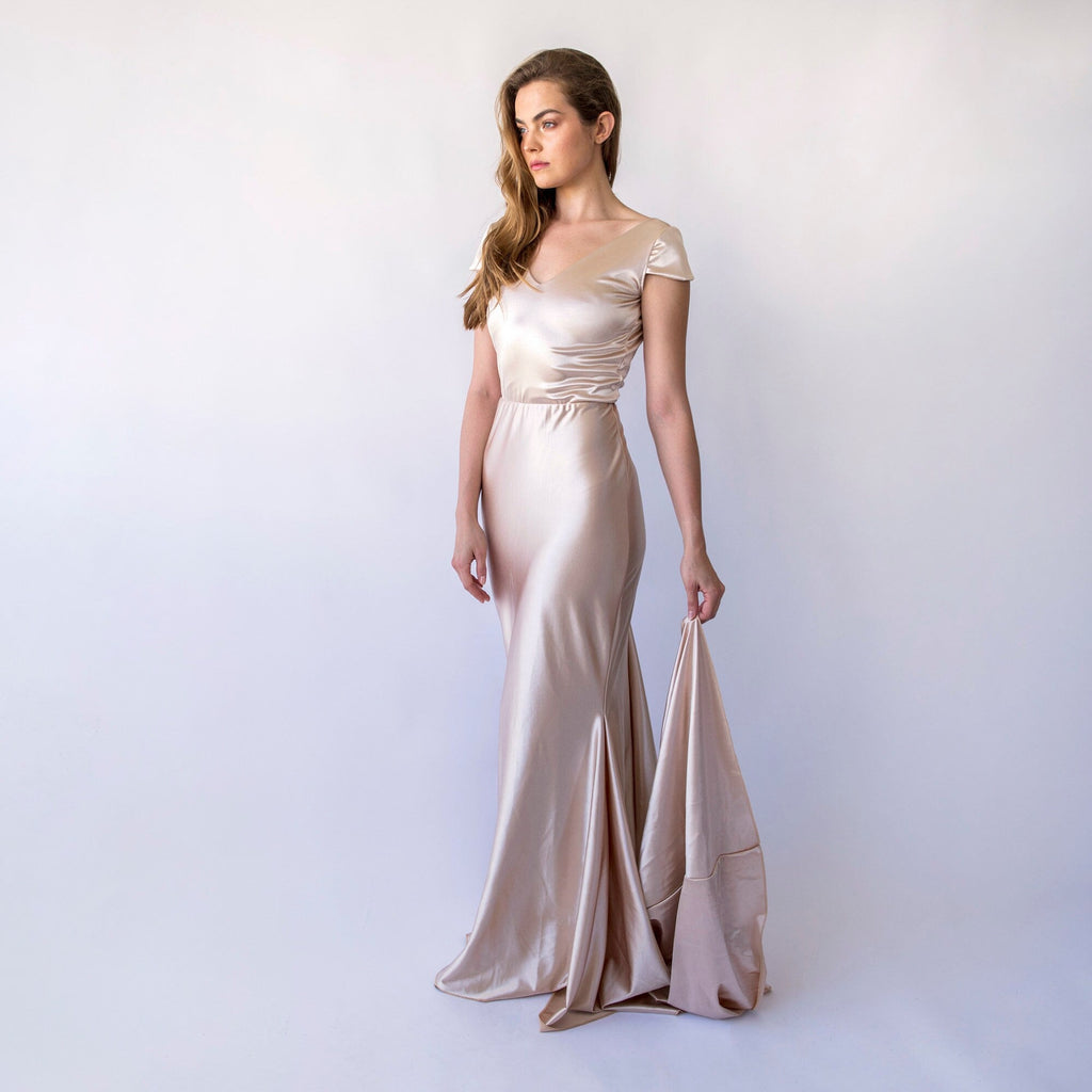 champagne satin mermaid dress Johnathan Kayne 3319