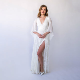 Chiffon Angel Sleeves, Gipsy layered Lace Bohemian Dress, Maxi lace wedding dress with a slit, Vintage Style Bridal Dress #1465 Custom Order Blushfashion