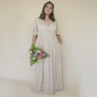 Curvy Butterfly Sleeves Champagne wedding dress with pockets #1331 Custom Order Blushfashion