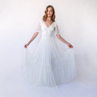 Ivory Flutter Chiffon  Sleeves Bohemian Lace Bodic wedding dress, Tiered Chiffon Mesh Skirt Vintage Style  #1466 Custom Order Blushfashion