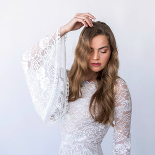 New Collection Vintage style Ivory bateau neckline Lace dress Long Bell Sleeves Bohemian Wedding Gown #1424 Custom Order Blushfashion
