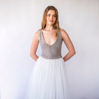 Bridal set, Pearly Tulle skirt, and Silver Sequins sleeveless tank top with V-neckline #1444 Custom Order (US$510.30) Blushfashion
