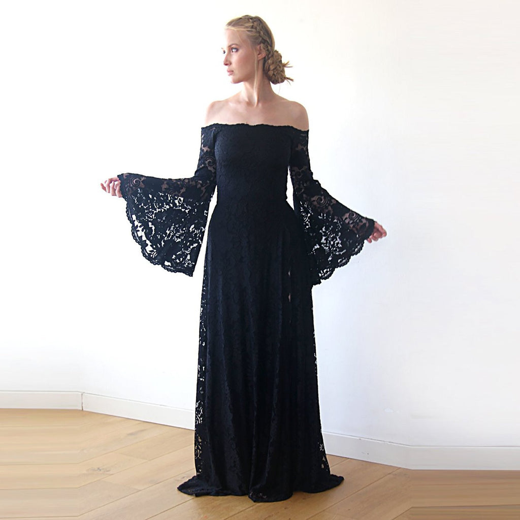Long Bell Sleeve Lace Dress, Off-Shoulders Dress, Bohemian Black Dress #1201 Long Bell Sleeve Lace Dress, Off-Shoulders Dress, Bohemian Black Dress #1201