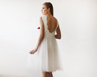Short wedding dress ,Ivory Lace & Tulle Sleeveless Midi Dress #1159 dress Blushfashion