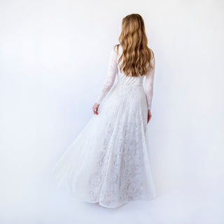 Elegant Ivory Wedding Gown with Draped Neckline, Delicate Lace, and Long Sleeves Featuring Vintage Style with Champagne Lining #1459 Blushfashion