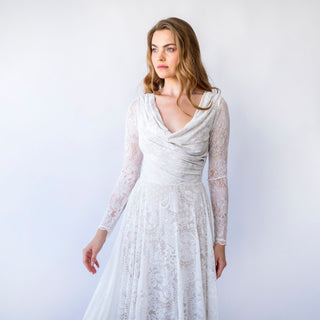 Elegant Ivory Wedding Gown with Draped Neckline, Delicate Lace, and Long Sleeves Featuring Vintage Style with Champagne Lining #1459 Blushfashion