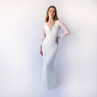 Ivory Chiffon Enchantment Mermaid Gown with Ruched Detailing and Long Sleeves#1456 Blushfashion