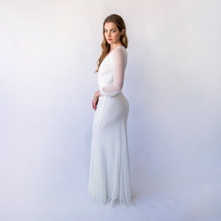Ivory Chiffon Enchantment Mermaid Gown with Ruched Detailing and Long Sleeves#1456 Blushfashion