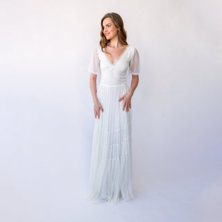 Ivory Flutter Chiffon  Sleeves Bohemian Lace Bodic wedding dress, Tiered Chiffon Mesh Skirt Vintage Style  #1466 Blushfashion