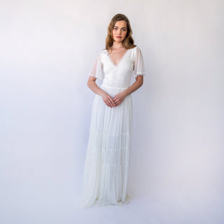 Ivory Flutter Chiffon  Sleeves Bohemian Lace Bodic wedding dress, Tiered Chiffon Mesh Skirt Vintage Style  #1466 Blushfashion