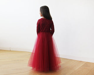 Burgundy Tulle & lace long sleeves Flower Girls Gown #5043 Maxi Blushfashion LTD