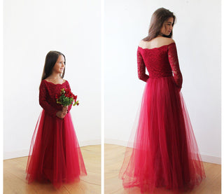 Off-The-Shoulder Burgundy Lace & Tulle Flower Girls Gown #5040 Maxi Blushfashion LTD