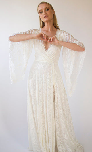Bestseller Angel Sleeves ,Gipsy layered Bohemian Dress, Maxi lace wedding dress with a slit , Vintage style#1406 Maxi Blushfashion