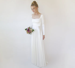 Bestseller Ivory Square Neckline Minimalist Satin Wedding Dress #1351 Maxi Blushfashion