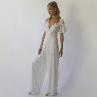 Bohemian butterfly sleeves bridal Lace Jumpsuit with belt #1309 Maxi Blushfashion