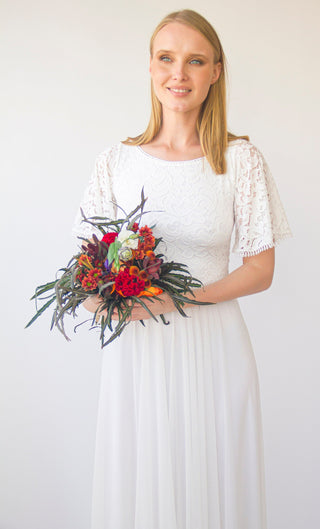 Bohemian Butterfly Sleeves, Modest Ivory wedding dress with mesh chiffon Maxi skirt#1420 Maxi Blushfashion