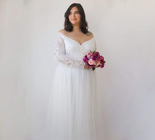 Curvy  Ivory Off the shoulder lace wrap wedding dress with tulle  #1325 Maxi Blushfashion