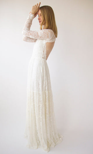 Back cut-out Lace Maxi Dress with Long Sleeves ,Open Back Wedding Dress, Bohemian Bridal Dress #1404 Maxi Custom Order Blushfashion