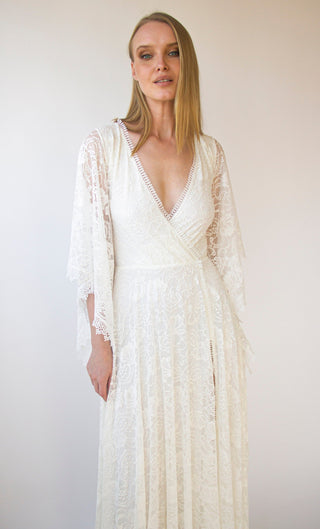 Bestseller Angel Sleeves ,Gipsy layered Bohemian Dress, Maxi lace wedding dress with a slit , Vintage style#1406 Maxi Custom Order Blushfashion