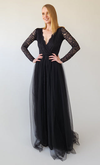 Black Tulle and Lace Dress, Wrap V neckline Long Sleeves Formal Dress, Tulle Skirt on Lace #1398 Maxi Custom Order Blushfashion