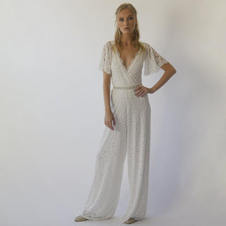 Bohemian butterfly sleeves bridal Lace Jumpsuit with belt #1309 Maxi Custom Order Blushfashion