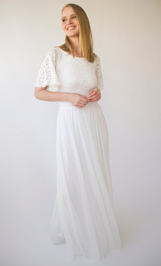 Bohemian Butterfly Sleeves, Modest Ivory wedding dress with mesh chiffon Maxi skirt#1420 Maxi Custom Order Blushfashion