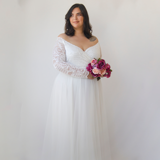 Curvy  Ivory Off the shoulder lace wrap wedding dress with tulle  #1325 Maxi Custom Order Blushfashion