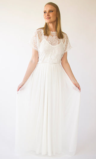 Ivory Lace Illusion Neckline wedding dress with Batwing short sleeves, circle mash chiffon skirt #1412 Maxi Custom Order Blushfashion