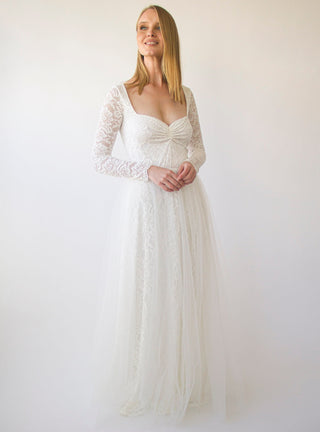 Long Sleeves ,Sweetheart neckline,, Ivory Wedding Dress , Sheer Illusion Tulle Skirt on Lace #1408 Maxi Custom Order Blushfashion