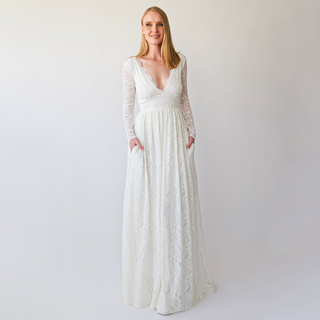 New Collection 2023 Empire waist maxi dress, Bohemian V-neckline ,Ivory wedding dress with pockets, Open Back lace bridal gown #1388 Maxi Custom Order Blushfashion