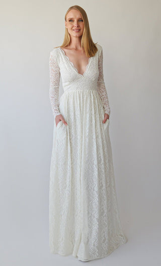 New Collection 2023 Empire waist maxi dress, Bohemian V-neckline ,Ivory wedding dress with pockets, Open Back lace bridal gown #1388 Maxi Custom Order Blushfashion