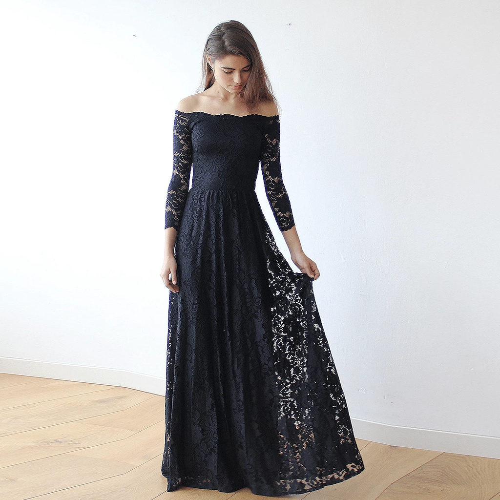 black lace long sleeve off the shoulder dress Sexy Sheer Lace Applique Off-Shoulder Sleeves with Slit Sheath Formal