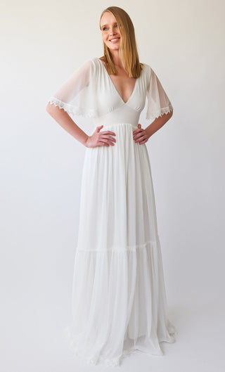 Romantic Chiffon Wedding dress, Vintage Butterfly Short Sleeves ,Ivory Wedding Dress #1399 Maxi Custom Order Blushfashion
