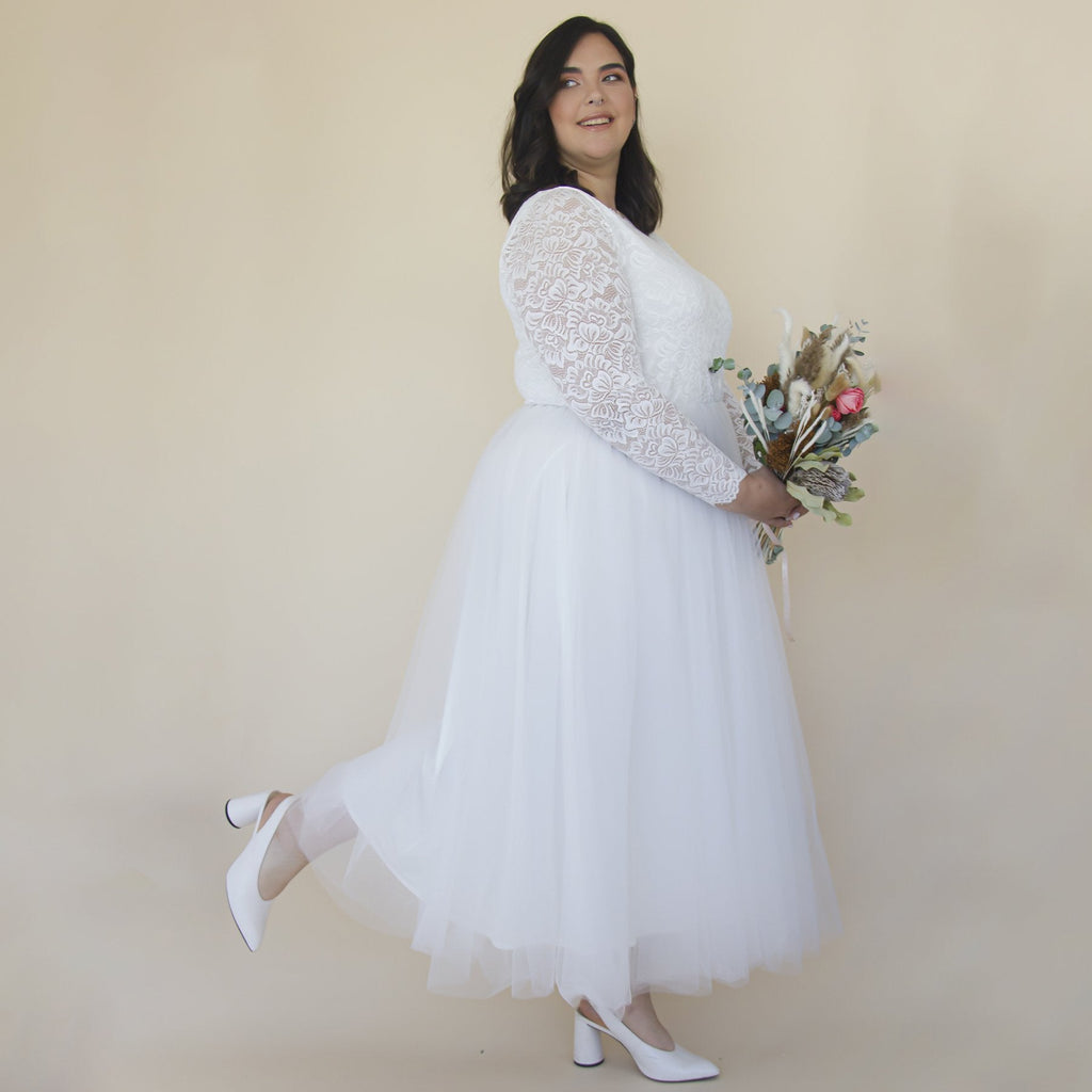 Short wedding dress ,Ivory Tulle & Lace Midi Dress #1144
