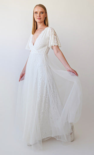 Fairy Wrap V neckline, Short sleeves Wedding Dress, Sheer Illusion Tulle Skirt on Lace #1397 Maxi Blushfashion