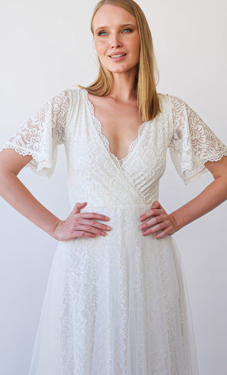 Fairy Wrap V neckline, Short sleeves Wedding Dress, Sheer Illusion Tulle Skirt on Lace #1397 Maxi Blushfashion