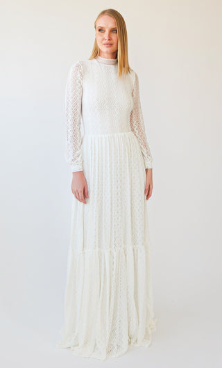 High neck, Bishop Long Sleeves, Ivory Vintage Lace, Gipsy skirt Wedding Dress #1405 Maxi Blushfashion