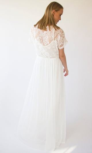 Ivory Lace Illusion Neckline wedding dress with Batwing short sleeves, circle mash chiffon skirt #1412 Maxi Blushfashion