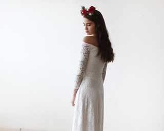 Ivory Off-The-Shoulder Floral Lace Dress #1119 Maxi Blushfashion