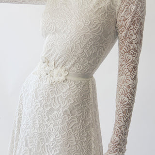 Long sleeves boat neckline modest wedding dress with floral sash belt #1296 Maxi Blushfashion