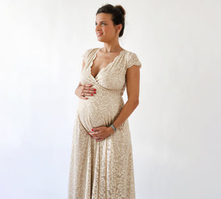 Maternity Cape sleeves lace wedding dress, Champagne Bohemian Formal dress 7009 Maxi Blushfashion