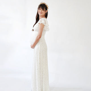 Maternity Ivory wrap lace bohemian wedding dress, with flutter sleeves #7020 Maxi Blushfashion