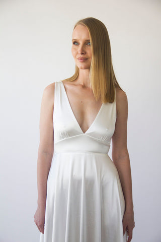 New Collection 2023 Silky Satin Deep V Neckline Simple Minimalist Wedding Dress #1395 Maxi Blushfashion